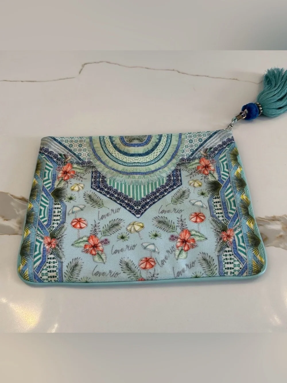 Camilla Shades of Rio Floral Blue-Green Canvas Tassel Clutch